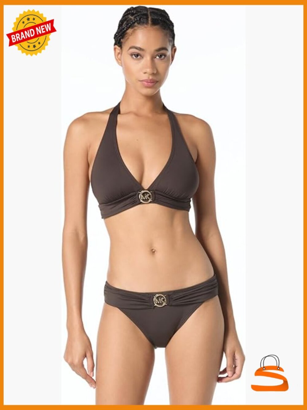 Large Halter Bikini Top with Logo Ring, Adjustable Ties, Nylon Blend
